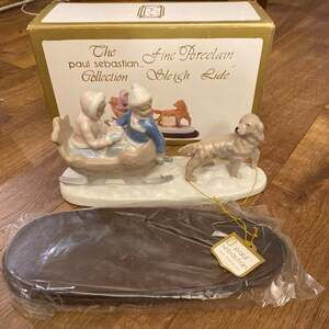 Paul Sebastian Figurine Sleigh Ride With Dog‎ Porcelain With Wood Base Vintage